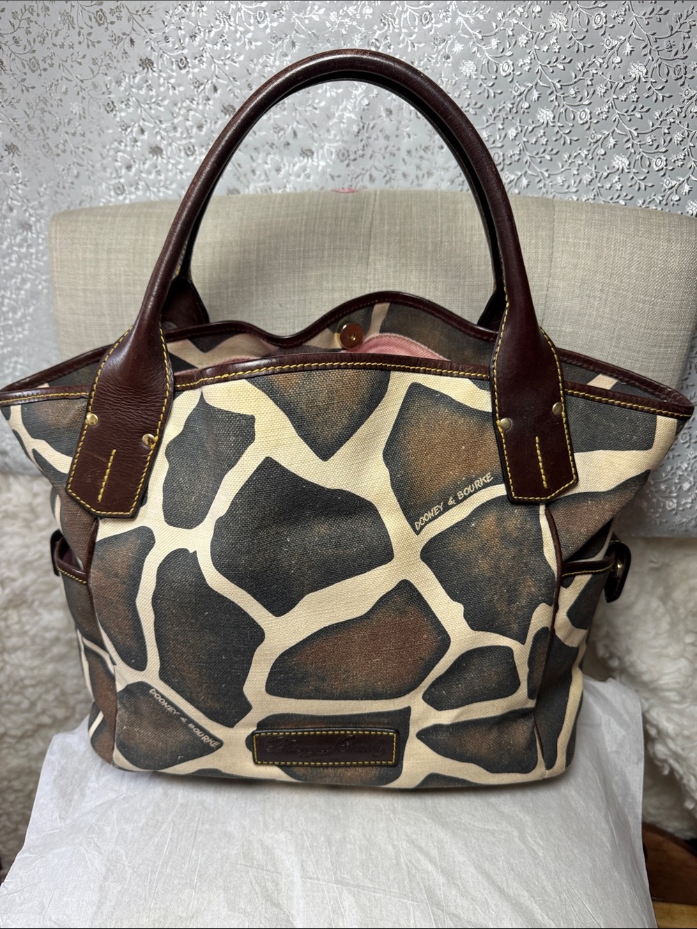 Dooney & Bourke Giraffe-Print Canvas Tote with Dark Brown Leather Trim